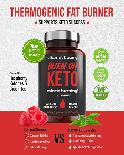 Vitamin Bounty Burn On Thermogenic Keto Fat Burner for Men & Women - Weight Loss Supplement with Raspberry Ketones - Metabolism Booster, Energy Pills, Appetite Suppressant - 60 Capsules