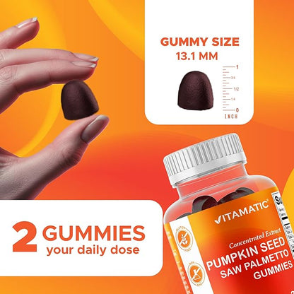 Vitamatic Pumpkin Seed 20:1 Extract & Saw Palmetto 10:1 Extract Gummies – Sugar-Free Botanical Extract – Natural Raspberry Flavor – Vegan, Non-GMO, Plant-Based Gummies – 60 Count - 2 Pack (120 Count)