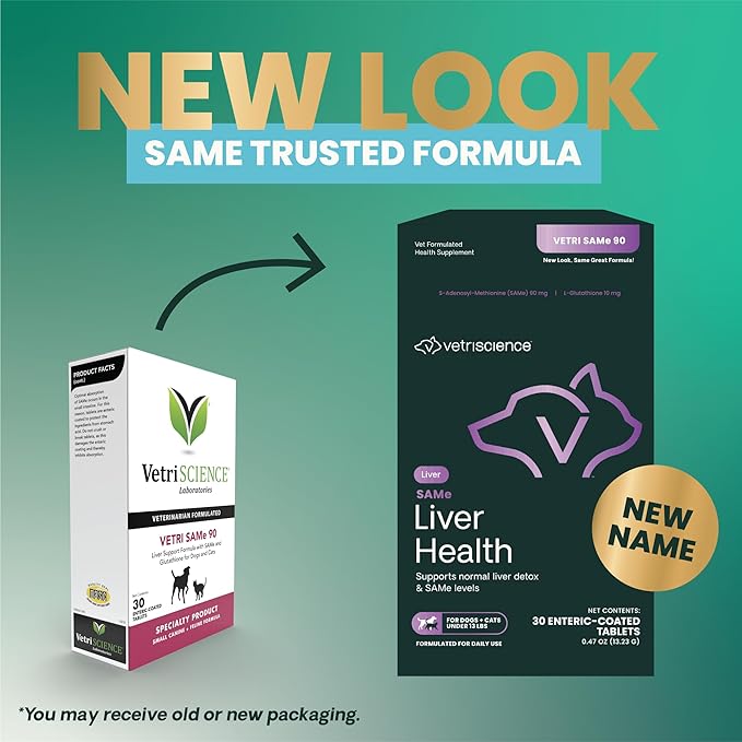 VetriScience Same Liver Health Tablets for Cats & Small Dogs – 90 mg S-Adenosyl Methionine Liver Support Supplement, Methionine Health and Detox Supplement, Glutathione Antioxidant, Tablets, 30 Cnt