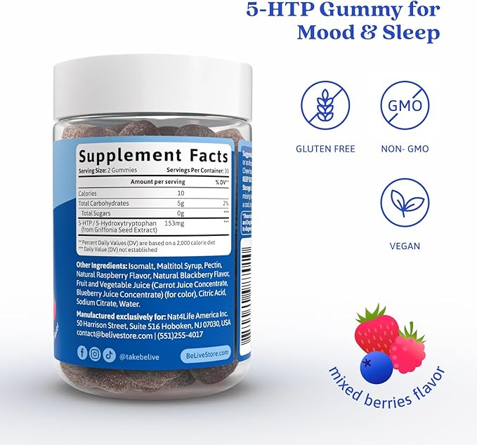 BeLive 5-HTP Gummies - 60 Ct I 5HTP Stress Relief Gummies for Better Sleep, Heightened Focus, Mood Booster & Stress Relief I Serotonin Booster for Adults, Vegan 5 HTP Supplement - Mixed Berries Flavor