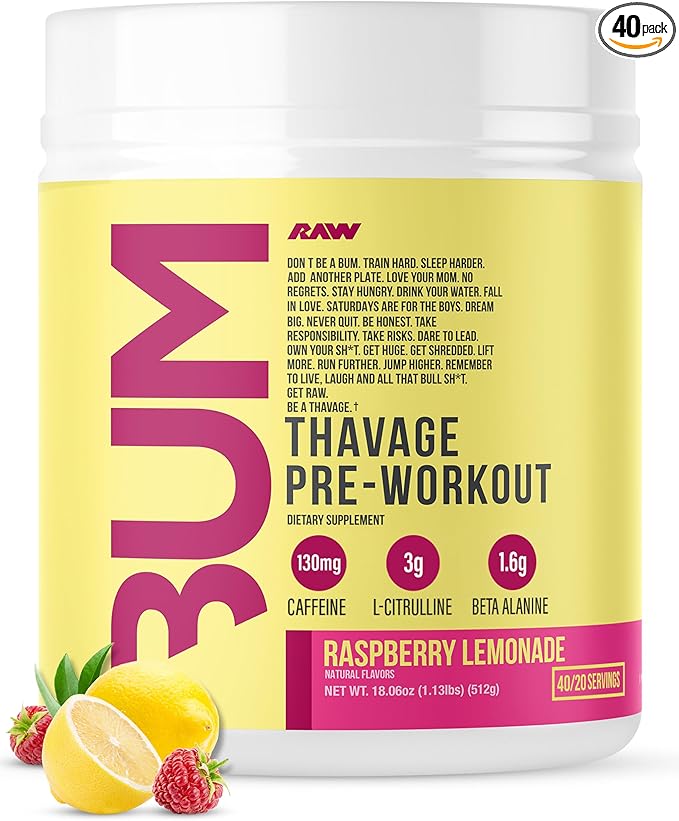 RAW Pre Workout Powder, Thavage (Raspberry Lemonade) - Chris Bumstead Sports Nutrition Supplement for Men & Women - Cbum Pre Workout for Working Out, Hydration, Mental Focus & Energy - 40 Servings