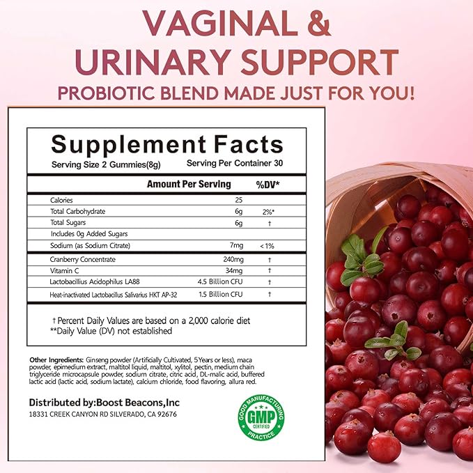 Boost Beacon Women's Probiotic Gummies for Feminine Health | Cranberry Gummies for pH Balance & UTI Prevention | Vitamin C | Hormonal Support | 60ct Supplement Natural