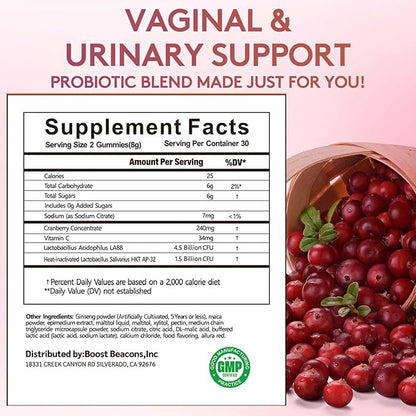 Boost Beacon Women's Probiotic Gummies for Feminine Health | Cranberry Gummies for pH Balance & UTI Prevention | Vitamin C | Hormonal Support | 60ct Supplement Natural