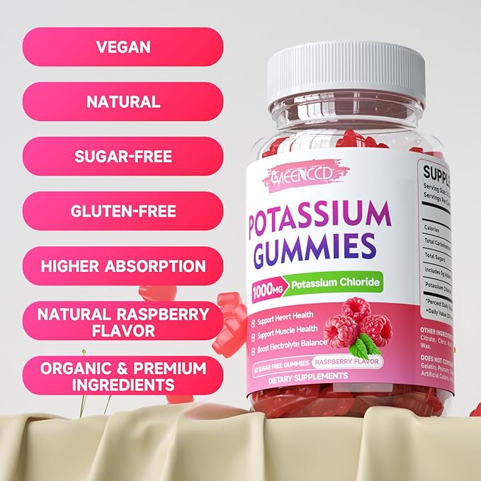 2 Pack Potassium Gummies, Potassium Chloride for Adults, Sugar-Free Potassium Supplement Gummies Support Electrolyte Balance for Women & Men, Raspberry Flavor, 120 Count
