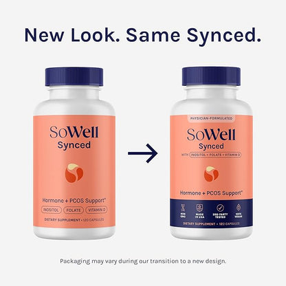 SoWell Synced Women’s Hormone Balance Supplement with Inositol, Vitamin D, and Folate for PCOS & Menstrual Cycle Support, 120 Capsules