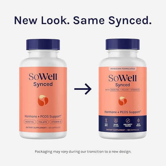 SoWell Synced Women’s Hormone Balance Supplement with Inositol, Vitamin D, and Folate for PCOS & Menstrual Cycle Support, 120 Capsules