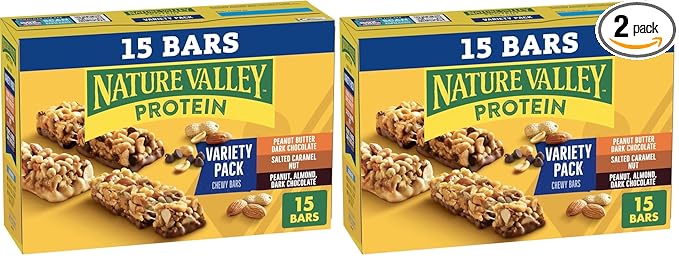 Nature Valley Protein Bars, Gluten Free Chewy Granola Snack Bars, 10g Protein, Peanut Butter Dark Chocolate, Salted Caramel Nut, Peanut Almond Dark Chocolate, 21.3 oz Box, 15 Count (Pack of 2)