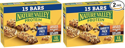 Nature Valley Protein Bars, Gluten Free Chewy Granola Snack Bars, 10g Protein, Peanut Butter Dark Chocolate, Salted Caramel Nut, Peanut Almond Dark Chocolate, 21.3 oz Box, 15 Count (Pack of 2)