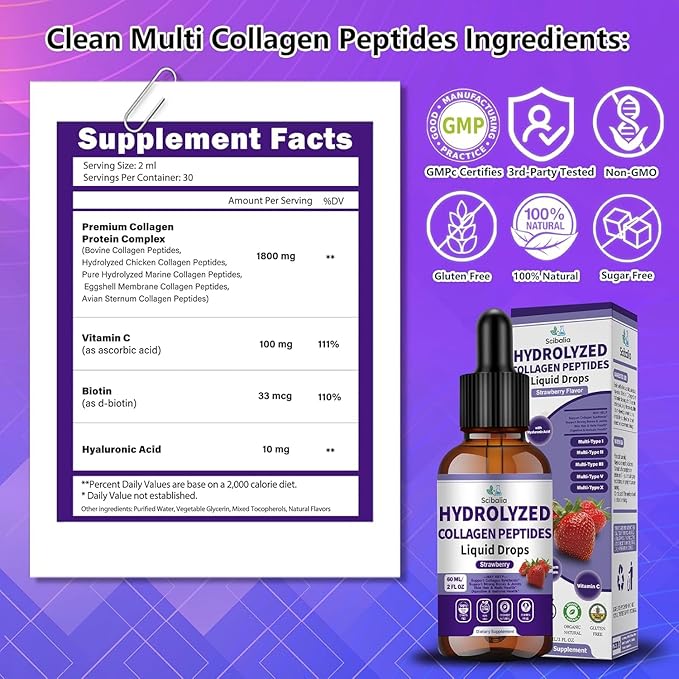 Multi Collagen Peptides Liquid Drop w. Types I II III V X Hyaluronic Acid Vitamin C Biotin for Joint, Skin, Hair & Nail Health, Hydrolyzed Liquid Collagen High Absorption for Women Men Grass Fed