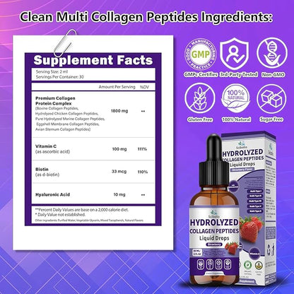 Multi Collagen Peptides Liquid Drop w. Types I II III V X Hyaluronic Acid Vitamin C Biotin for Joint, Skin, Hair & Nail Health, Hydrolyzed Liquid Collagen High Absorption for Women Men Grass Fed
