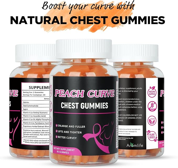 Aromlife Chest Gummies for Enhance Confidence, Bear Shaped Chest Gummies with Herbal Ingredients, 60 Count, Peach Flavor Natural BBL Gummy for Women and Men