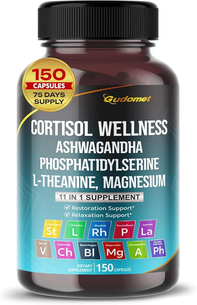 CORTISOL Wellness Magnesium Ashwagandha L-Theanine Phosphatidylserine Rhodiola Rosea Passionflower Lavender Chamomile -150 Capsules