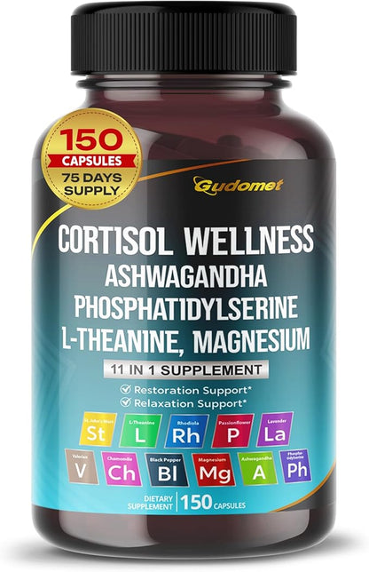 CORTISOL Wellness Magnesium Ashwagandha L-Theanine Phosphatidylserine Rhodiola Rosea Passionflower Lavender Chamomile -150 Capsules