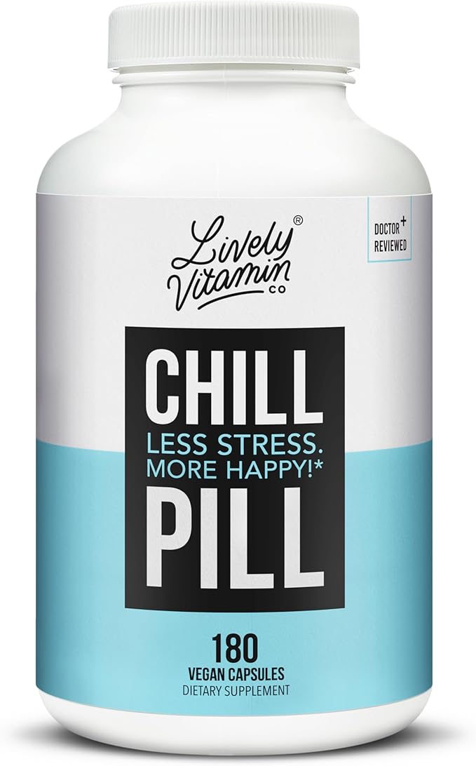 LIVELY VITAMIN CO. Chill Pill - Calm Mood - Relax - Restful Deep Sleep - REM - Stress - Anxiousness - Magnolia Bark - Chamomile - L-Theanine - Passionflower - 5-HTP - 90 Vegan Capsules