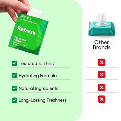 FOMIN Travel Deodorant Wipes - 50 Count - Refreshing Cucumber and Aloe - pH Balanced, Hypoallergenic Mini Deodorant Wipes For Women and Men - Plastic-Free, Individually Wrapped Underarm & Body Wipes
