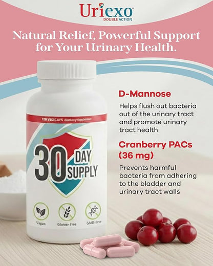Uriexo Double Action Support Cranberry Pills - Urinary Tract Health Supplement with 36mg Proanthocyanidins PACs & 2000mg D-Mannose, Capsules for Men & Women, Non-Antibiotic Formula, 30 Day Supply