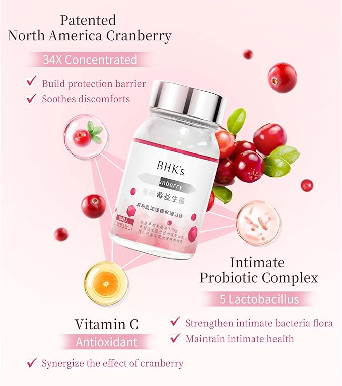 BHK's Patented Cranberry Probiotics for Women - 34:1 Concentrated Extract with PACs - Supports Urinary Tract & Vaginal Health, pH Balance & Odor Control - Bio-Shield® Timed-Release - 60 Tablets