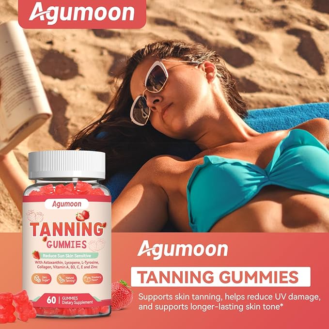 Tanning Gummies for Women and Men, Self Tan Supplement with Beta Carotene, Lycopene, Astaxanthin, Collagen & Vitamins, for Skin Health & Pigmentation, Vegan - 120 Gummies