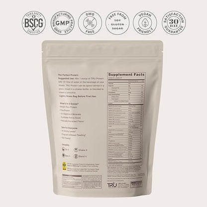 TRU Supplements Plant Based Protein Powder, BCAA, EAA, 20g Vegan Brown Rice & Pea Protein, 100 Calories, 27 Vitamins, No Artificial Flavors 25 Servings (Strawberry Cream)