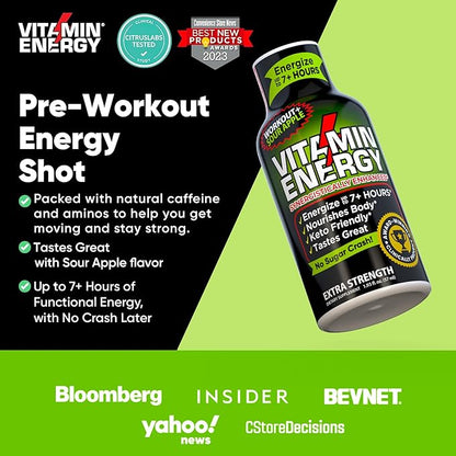 Vitamin Energy Workout+ Extra Strength Energy Shot Sour Apple 8 Pack, 260mg Natural Caffeine, Pre-Workout, B-Vitamins, Minerals, Endurance & Performance, Zero Sugar, Gluten-Free, Vegan, 1.93 fl oz
