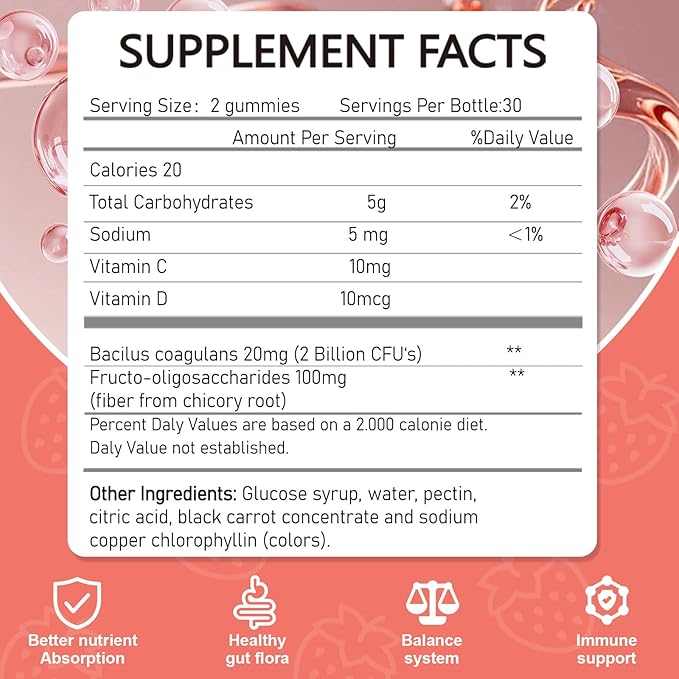 Probiotic Fiber Gummies for Adults, No Sugar Added Strawberry Flavor– 2 Billion CFUs –Vitamin C,Vitamin D–Digestive Health & Regularity Support(120 Count)
