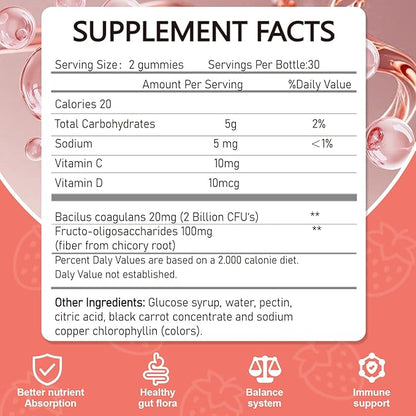 Probiotic Fiber Gummies for Adults, No Sugar Added Strawberry Flavor– 2 Billion CFUs –Vitamin C,Vitamin D–Digestive Health & Regularity Support(120 Count)