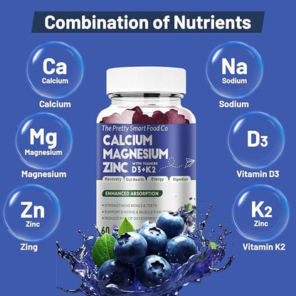 Calcium Magnesium Zinc Gummies with Vitamin D3 & K2 for Bone, Muscle & Immune Support - High Potency Enhanced Absorption - 60 Blueberry Gummies