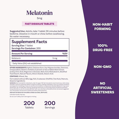 Natrol Melatonin 5mg Fast Dissolve Tablets, Sleep Support Supplements for Adults, Strawberry Flavor, 200 Tablets, Up to 200 Day Supply