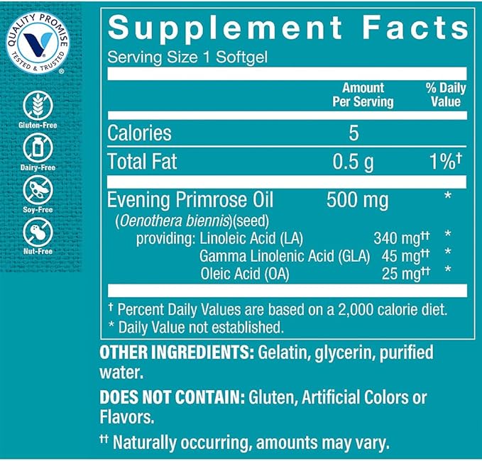 The Vitamin Shoppe Evening Primrose Oil 500mg - GLA Omega-6 | Women's Hormonal Balance | 120 Softgels | Cold-Pressed