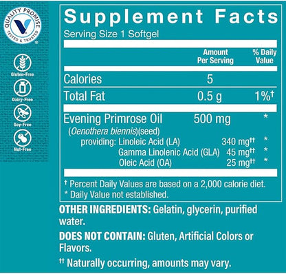 The Vitamin Shoppe Evening Primrose Oil 500mg - GLA Omega-6 | Women's Hormonal Balance | 120 Softgels | Cold-Pressed