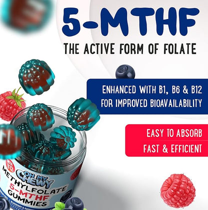 OH MY CHEWY Center-Filled 5-MTHF Folate L-Methylfolate Gummies - Sugar-Free MTHFR Vitamins B Complex Support with Methylated B1, B6 and B12 Cofactor - Mood, Behavior, Cognition - 60 Count