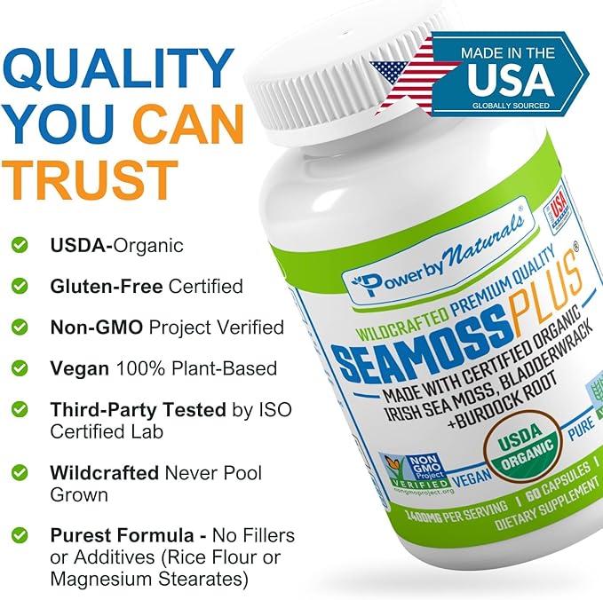 Power By Naturals Sea Moss Plus – USDA Organic Irish Sea Moss Capsules with Bladderwrack & Burdock Root – Immune Support – Vegan, Non-GMO, Gluten-Free – 120 Capsules, 2-Pack (2-Month Supply)