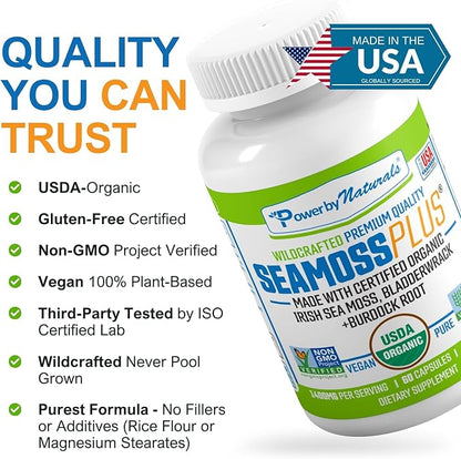 Power By Naturals Sea Moss Plus – USDA Organic Irish Sea Moss Capsules with Bladderwrack & Burdock Root – Immune Support – Vegan, Non-GMO, Gluten-Free – 120 Capsules, 2-Pack (2-Month Supply)