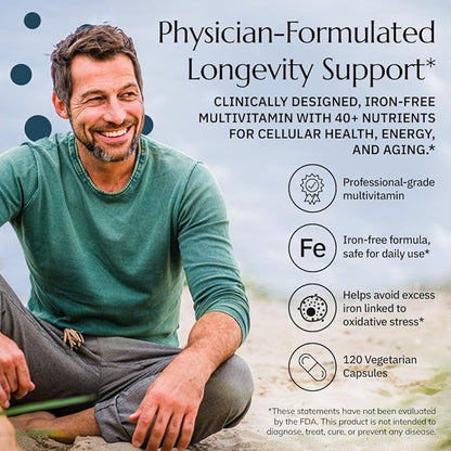 Neurobiologix Longevity Multi, Daily Multivitamin for Men & Women, Over 40 Vitamins & Minerals, NR, CoQ10 & Active B, Iron Free Vitamins for Women & Men for Energy & Wellness, 120 Capsules