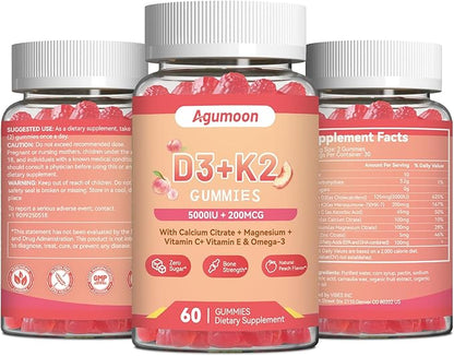 Vitamin D3 K2 Gummies for Adults - Vitamin D3 5000IU + K2 (MK-7) 200mcg, with Calcium Citrate, Magnesium Citrate, Omega-3 for Bone, Muscle, Teeth Immune - 120 Gummies