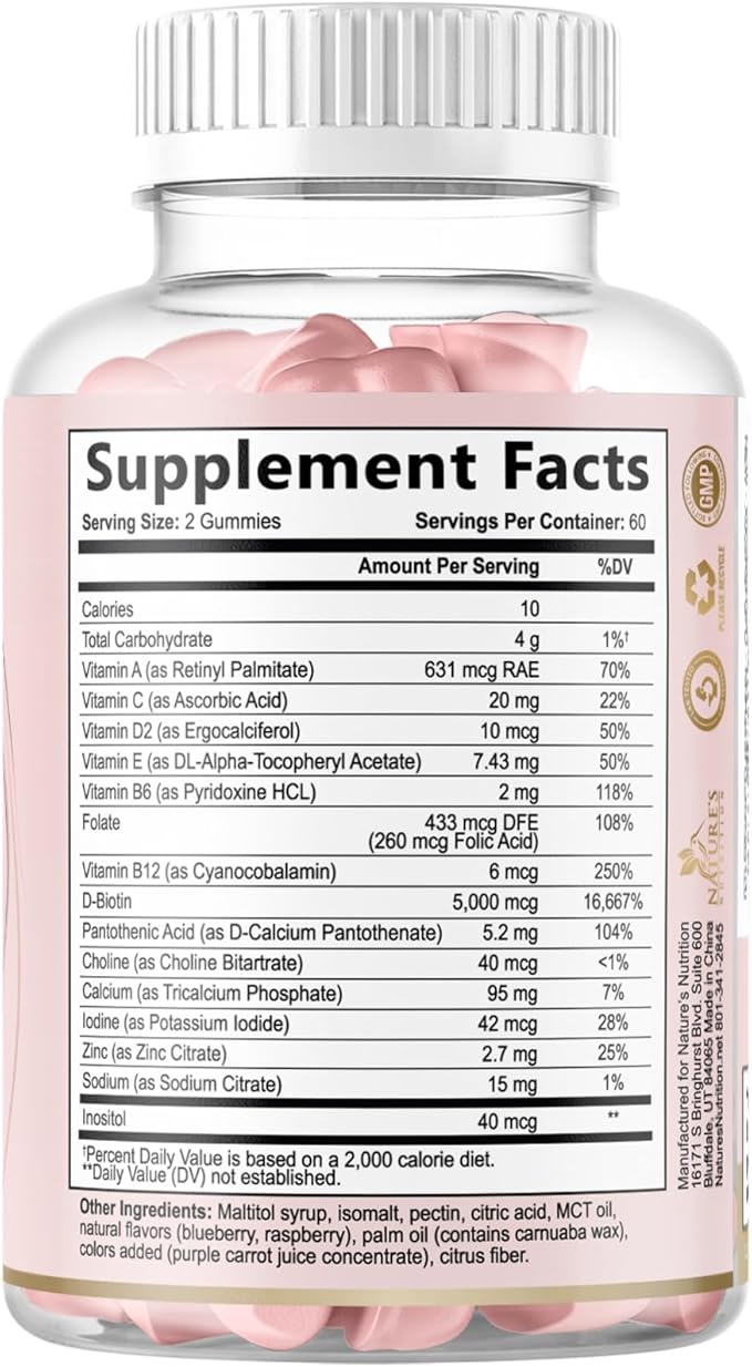 Hair Vitamins Gummies - Sugar Free Hair Growth Support Gummy with Biotin 5000 mcg Per Serving, Vitamin A, B12, C, D, E, Folic Acid - Supports Strong Beautiful Hair and Nails, Vegetarian - 120 Gummies