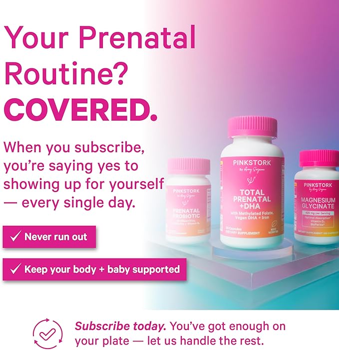 Pink Stork Total Prenatal Vitamins with DHA, Folate, Iron, Choline, and Vitamin B12 - Prenatals for Women to Support Fetal Development, Pregnancy Essentials, Berry Essence, 60 Capsules, 1 Month Supply
