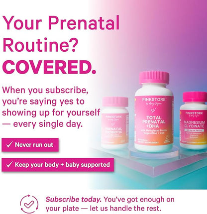 Pink Stork Total Prenatal Vitamins with DHA, Folate, Iron, Choline, and Vitamin B12 - Prenatals for Women to Support Fetal Development, Pregnancy Essentials, Berry Essence, 60 Capsules, 1 Month Supply