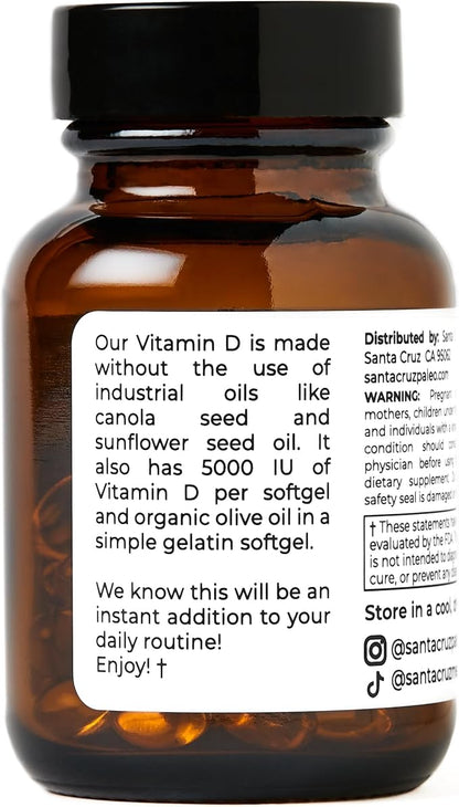 Santa Cruz Paleo Vitamin D3 5000 IU Softgels, Daily Supplement with Olive Oil for Men and Women, Formulated for Absorption, Supports Bone Health, Gluten Free, Sugar Free, Paleo, Keto, 60 Count