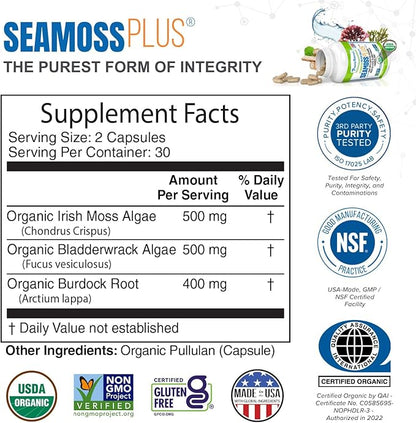 Power By Naturals Sea Moss Plus – USDA Organic Irish Sea Moss Capsules with Bladderwrack & Burdock Root – Immune Support – Vegan, Non-GMO, Gluten-Free – 120 Capsules, 2-Pack (2-Month Supply)