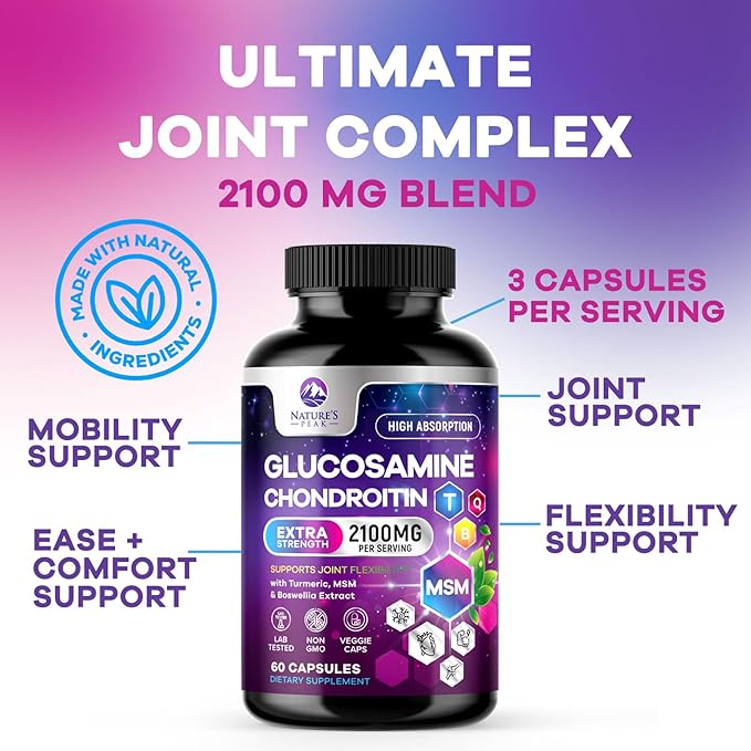 Glucosamine Chondroitin & MSM - 3x Strength Joint Support Supplement for Mobility & Comfort - Glucosamine Complex with Turmeric, Boswellia, Bromelain & Quercetin - Bottled in USA - 60 Capsules