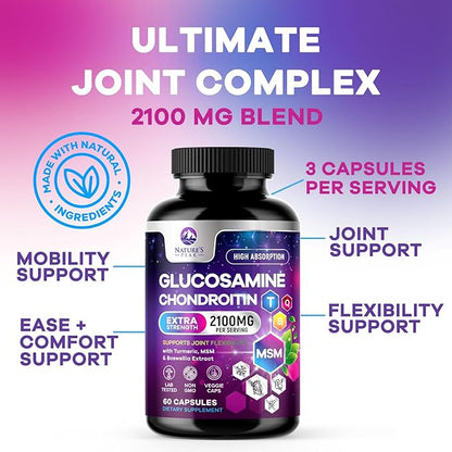 Glucosamine Chondroitin & MSM - 3x Strength Joint Support Supplement for Mobility & Comfort - Glucosamine Complex with Turmeric, Boswellia, Bromelain & Quercetin - Bottled in USA - 60 Capsules