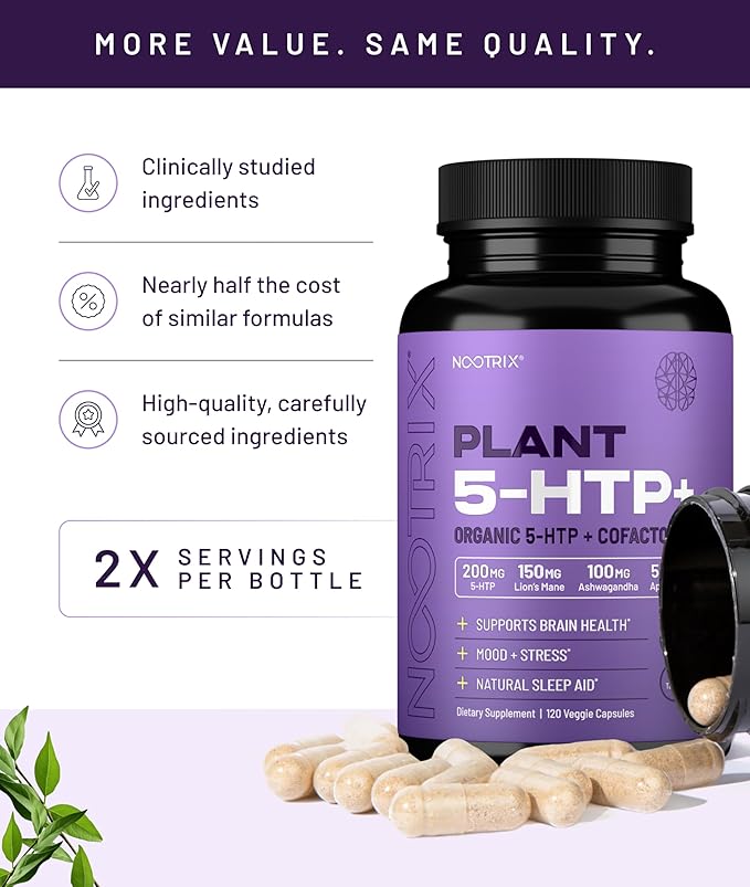 Nootrix Organic Plant 5 HTP+ Supplement | Supports Memory, Mental Focus, Cognitive Health & Energy | Promotes Healthy Mood & Brain Function | Vitamin B6 & L Theanine | 120 Capsules