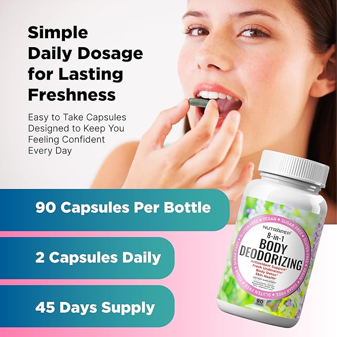 Body Deodorizing Supplement - Odor Eliminator & Internal Deodorant Pills for Fresh Breath Skin Health & Detox - Full Body Deodorizer Capsules with Chlorophyll Complex Vitamins