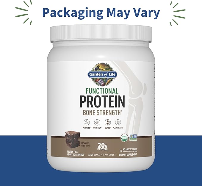 Garden of Life Organic Vegan Protein Powder, 20g Plant Based Protein with Calcium, D3, K2 MK-7 & Magnesium for Bone Strength, Prebiotics & Probiotics for Digestion, Brownie Bites Flavor, 14 Servings