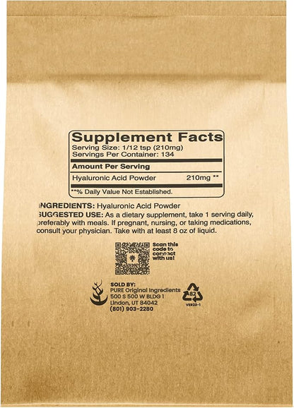 PURE ORIGINAL INGREDIENTS Hyaluronic Acid (1oz) Water Soluble, High Molecular Weight