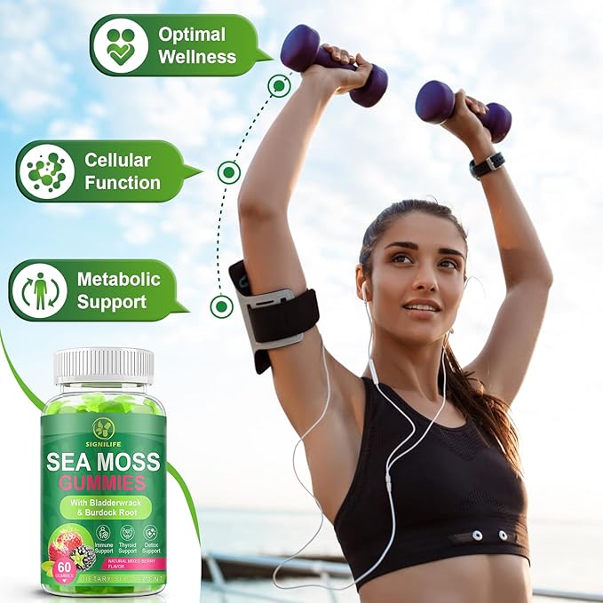 Organic Sea Moss Gummies, Natural Irish Sea Moss with Bladderwrack,Burdock Root,Black Cumin Seed for Immune, Thyroid and Detox Support, Gluten-Free, Vegan - 60 Gummies