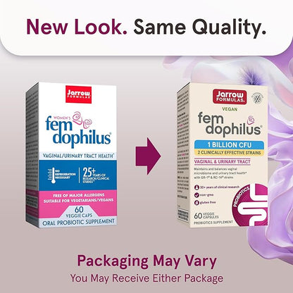 Jarrow Formulas Fem-Dophilus Vaginal Probiotics 1 Billion CFU With 2 Science-Backed Strains, Dietary Supplement For Vaginal & Urinary Tract Support, 60 Capsules, 60 Day Supply, Shelf-Stable Probiotics