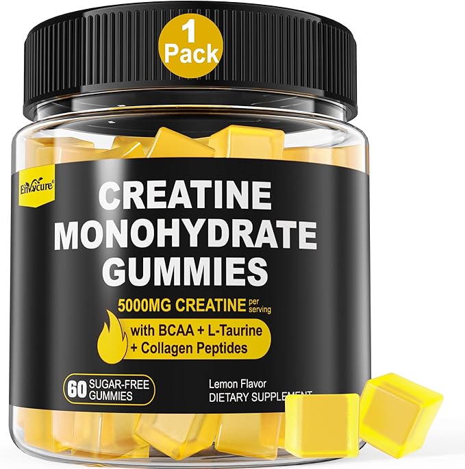 EnvyCure Creatine Monohydrate Gummies for Men & Women - with BCAA, Collagen Peptides, L-Taurine, Vitamin B12, D3, Creatine Monohydrate 5000mg (5g) Per Serving, Lemon Flavor, Sugar Free, 1 Pack