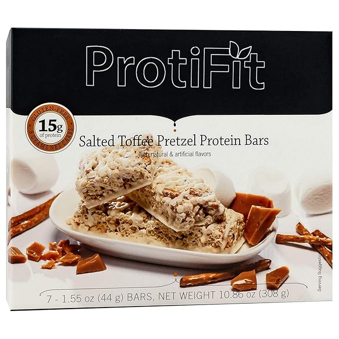 PROTIFIT - Low Calorie Snack Bar for Healthy Diets, High Protein, 15g Protein, Low Carb, Low Sugar, Ideal Protein Compatible, 7 Servings Per Box (Salted Toffee Pretzel)